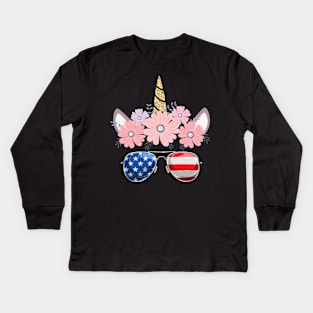 4th of July Patriotic Unicorn American Flag Girls Kids Long Sleeve T-Shirt